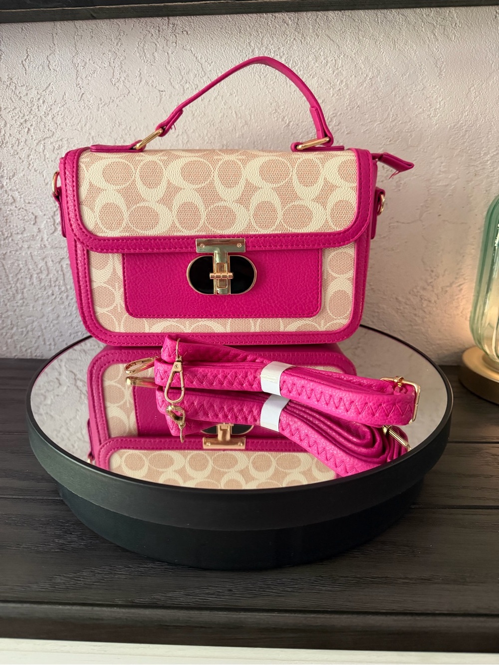 New Canvas and Fuchsia Top-Handle Crossbody Bag